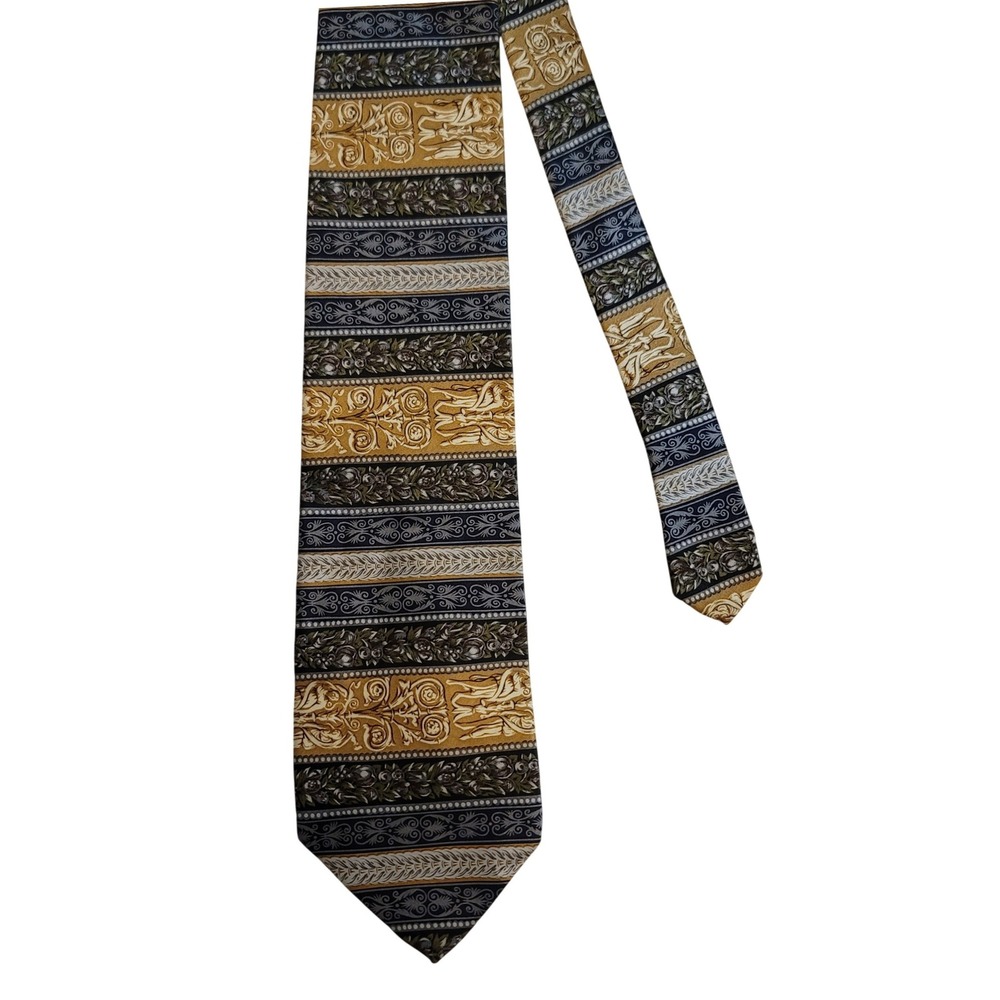 Echo Mens Silk Necktie Gold Grey Black Baroque Floral Striped Silk‎ Tie USA Made